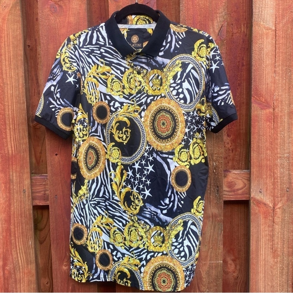 Vibrant Black and Gold Patterned Polo Shirt Size M